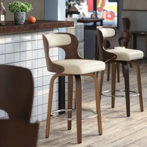 Modern Curved Solid Wood 360 Swivel PU Leather Bar Stool Metal Base Eco Friendly Durable Home Bar and Kitchen Furniture
