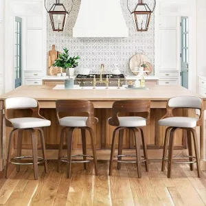Modern Curved Solid Wood 360 Swivel PU Leather Bar Stool Metal Footrest Eco Friendly Durable Home Bar Kitchen Island
