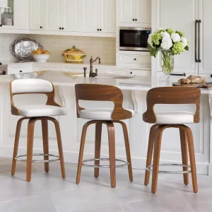 Modern Curved Solid Wood 360 Swivel PU Leather Bar Stool with Chrome Footrest for Home Bar Kitchen Island