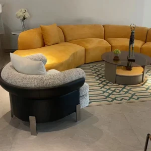 Modern Curvilinear Velvet Three Seat Sectional Sofa Bed Set Fabric Covered Round Yellow Design for Hotel Apartment Living Room