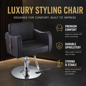 Modern Dark Brown Salon Styling Chair Hydraulic Barber Chair with Round Base Footrest and Semi Enclosed Armrest Design