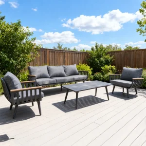 Modern Dark Grey White Aluminum Texlene Weather Resistant Outdoor Sofa Set Wood Armrests for Apartment Single Double Triple Seat