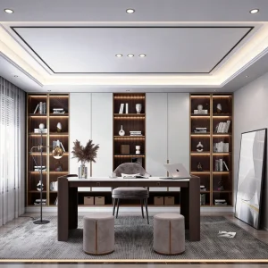 Modern Dark Wood Executive Desk LED Bookshelf Set Luxury Workstation Display Cabinet Home Office Apartment Warehouse