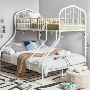 Modern Decorative Arched Headboard White Iron Bunk Bed Heavy Duty Metal Double Bunk Bed for School Dorm Hostel Rental Apartment