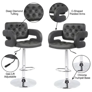 Modern Deep Diamond Tufted Leather Bar Chair Metal Base C Shaped Padded Arms Height Adjustable Swivel Counter Height Bar Stool