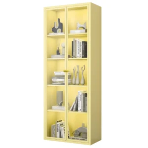 Modern Design 5-Shelf Metal Portable Bookshelf with Glass Door for Home Office Bedroom Living Room Workshop School