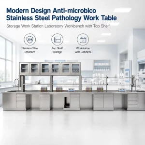 Modern Design Anti microbico Stainless Steel Pathology Lab Bench Storage Work Station Laboratory Island Workbench with Top Shelf