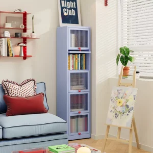 Modern Design Blue Metal Bookshelf with Flip Door for Living Room and Balcony