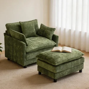 Modern Design Chenille Upholstered Seat with Pillows Single Sofa Oversized Accent Chair with Ottoman for Living Room