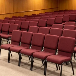 Modern Design Church Chairs Bookshelf Red Fabric with Back Pocket Stackable Chairs