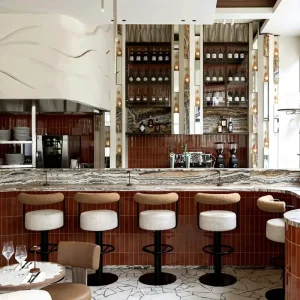 Modern Design Coffee Shop Bar Fabric Upholstered Restaurant Stool Furniture Table and Chair Set for Commercial Hospitality