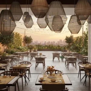 Modern Design Commercial Outdoor Dining Table for Restaurant Hotel with Wood Panel Style