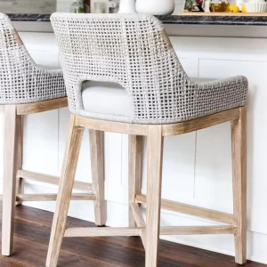 Modern Design Custom Rattan Patio Counter Stool Stackable Wooden Bar Chair for Hotel Outdoor Kitchen Rope Furniture