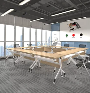 Modern Design Eco friendly Wooden Foldable Training Study Table Castors Steel Storage Rack Extendable Feature Conference
