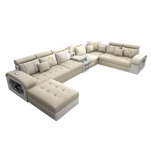 Modern Design Functional Fabric Cushion Beige U Shape Lounge 7 Seater Sectional Sofa Set Furniture Couch Living Room Sofas