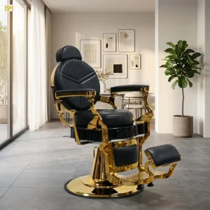 Modern Design Gold Frame Leather Aluminum Alloy Base Foldable Reclining Portable Barber Chair Adjustable Height for Spa Salon