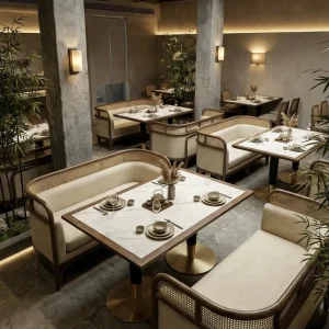 Modern Design Large Chain Restaurant Rattan Dining Chair and Table Set Metal & Leather Booth Furniture
