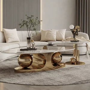 Modern Design Oval White Stone Slate Top Coffee Table Home Furniture Living Room Large Gold Marble Luxury Center Coffee Table