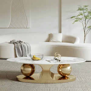 Modern Design Oval White Stone Slate Top Coffee Table Large Gold Marble Luxury Center Table for Living Room
