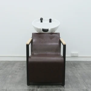 Modern Design Salon Shampoo Chair Ceramic Basin Brown PU Leather Stainless Steel Frame High Density Sponge Durable Washable