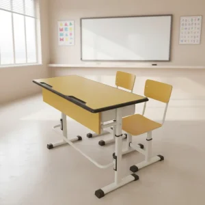 Modern Design Student Furniture School Double Tables and Chairs Sets Adjustable Children Wood 2 Seats Desk and Chairs