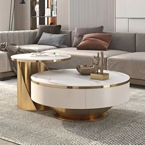 Modern Design White Round Marble Slate Coffee Table Set with Wooden Furniture and Gold Metal for Living Room
