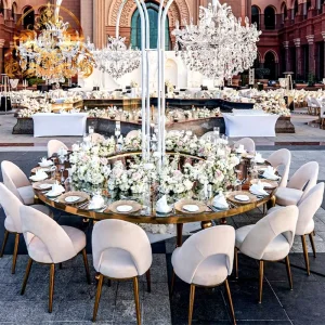 Modern Design White Velvet Gold Stainless Steel Hotel Villa Outdoor Stackable Durable Wedding Chairs
