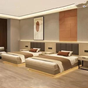 Modern Design Wood Wooden Bedroom Set for 3-4 Star Hotels Apartments LED Lighting Furniture for Guest Rooms Hotel Star Projects
