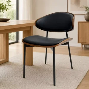 Modern Dining Chairs Black PU Leather Faux Wood Shell Slim Metal Legs for Restaurant Cafe Furniture Supply OEM ODM