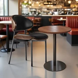 Modern Dining Table and Chairs Set Round Wood Black Leather Upholstered Chairs Single Central Base Table Restaurant Furniture
