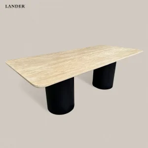 Modern Dining Table with Travertine and Wooden Legs Marble Center Table for Villa Bar Office and Hotel