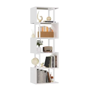Modern Display Book Shelf Standing Wood Metal Decorative Divider Shelves 6 Tier Bookshelf Tall S Shaped Geometric Bookcase