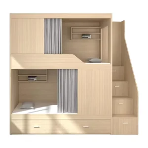 Modern Double Bunk Beds for Student Wood Loft Bed with Stairs for Hotel Apartment Dormitory or School Bedroom