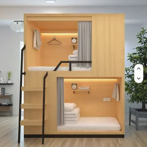 Modern Double Queen Loft Bed Frame with Capsule Design Wood and Iron Hotel Beds School Students Dormitory Hostels