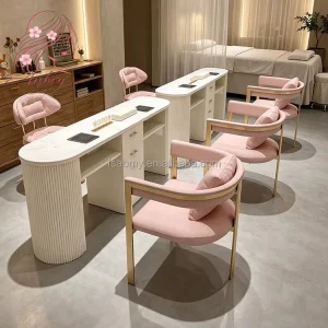 Modern Double Seats Manicure Table With Dust Collector Luxury Gold Frame Nail Salon Furniture for Beauty Shop