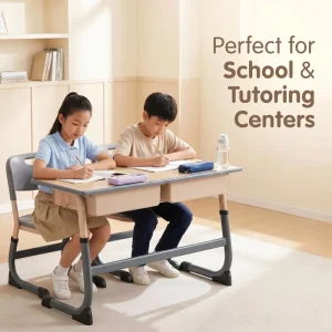 Modern Double Student Desk and Chair Set with Adjustable Height Sturdy Steel Frame Storage Drawer for School Classroom