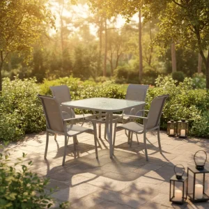Modern Durable Aluminum Frame Glass Top EN 581 Certified Outdoor Dining Table Chairs Set for Hotel Park & Villa Use