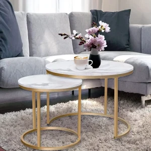 Modern Durable Coffee Tables Removable Set 2 End Nesting Tables Gold Metal Frame Legs Marble White Top Living Room