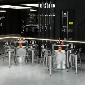 Modern Durable Commercial Bar Table Set Steel Drum Table High Stool Seating Pub Bistro Cafe Restaurant Furniture