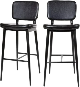 Modern Durable Commercial Grade Mid Back Bar Stools Brown Leather Soft Upholstery Black Iron Frame Integrated Footrest