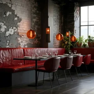Modern Durable Commercial Restaurant Furniture Set Red Leather Couch Sofa Booth Seating and Chairs with Wood Table for Cafes