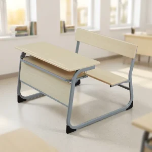 Modern Durable Eco Friendly Double Student Desk Chair Set Fixed Together Wooden School Furniture