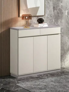 Modern Durable Eco Friendly Multi Functional Shoe Cabinet 3 Door Storage Top Display Shelf Beige Gray Two Tone Finish Warehouse