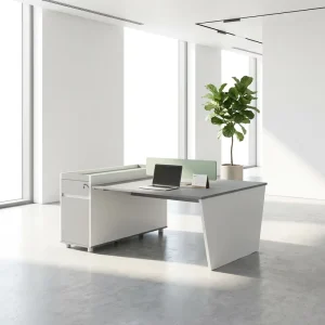 Modern Durable Eco Friendly Workstation E1 Particle Board Side Cabinet Storage Privacy Screen Slanted Leg Dual User Office Desk