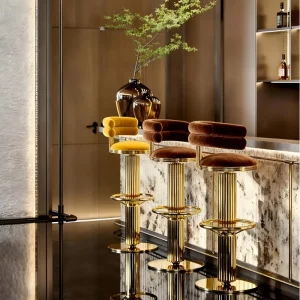 Modern Durable Fluted Metal Bar Stool Velvet Padded Counter Height Round Base Footrest Bar Chair Hotel Bistro Home Bar