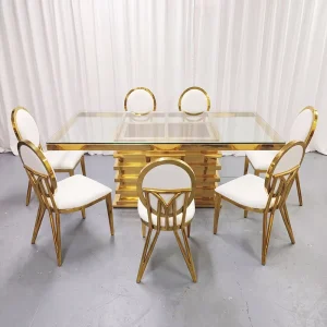 Modern Durable Glass Top Wedding Rectangular Table with Stainless Steel Frame Luxury Wedding Event Table