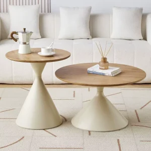 Modern Durable Iron Art Round Solid Wood Side Coffee Table Living Room Furniture Wooden Home Center Accent Decor