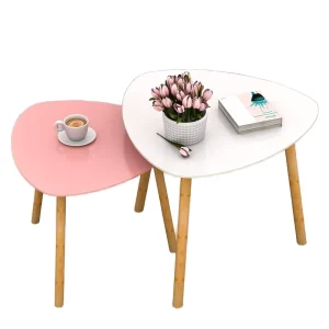 Modern Durable Nesting Coffee Tables White Pink Triangle End Table Set MDF+Bamboo for Living Room Apartment Balcony