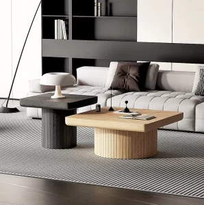 Modern Durable Oak Nesting Coffee Table Set 2 Piece Living Room Furniture with Cylindrical & Fluted Pedestal