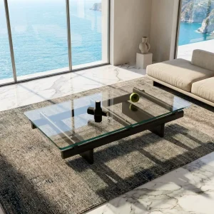 Modern Durable Rectangular Coffee Table Solid Wood Frame 12mm Tempered Glass Top Matte Black Aluminum Support Customizable